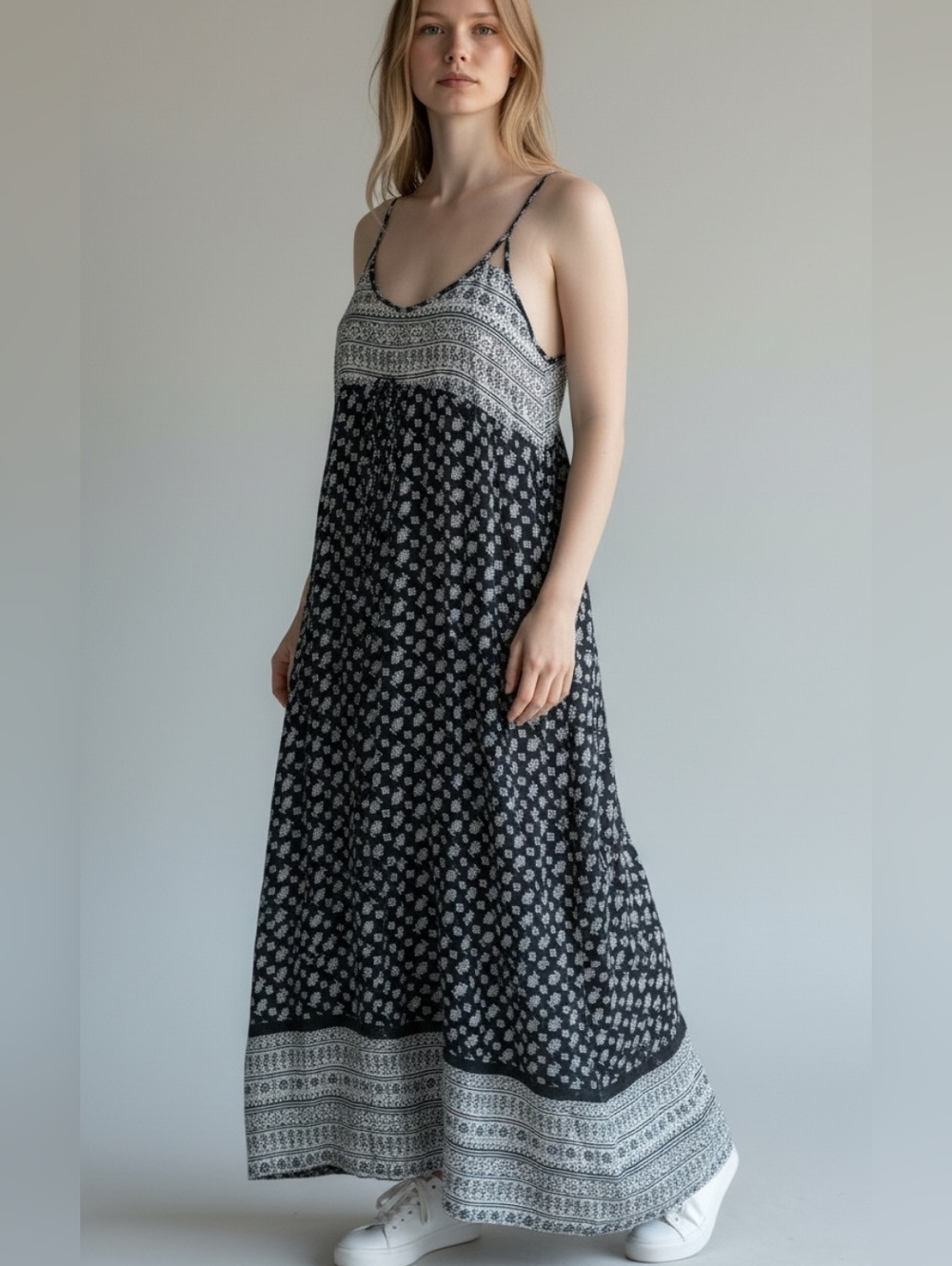 American Eagle Boho Maxi Sundress Black White XS  Summer Festival Peasant Hippie